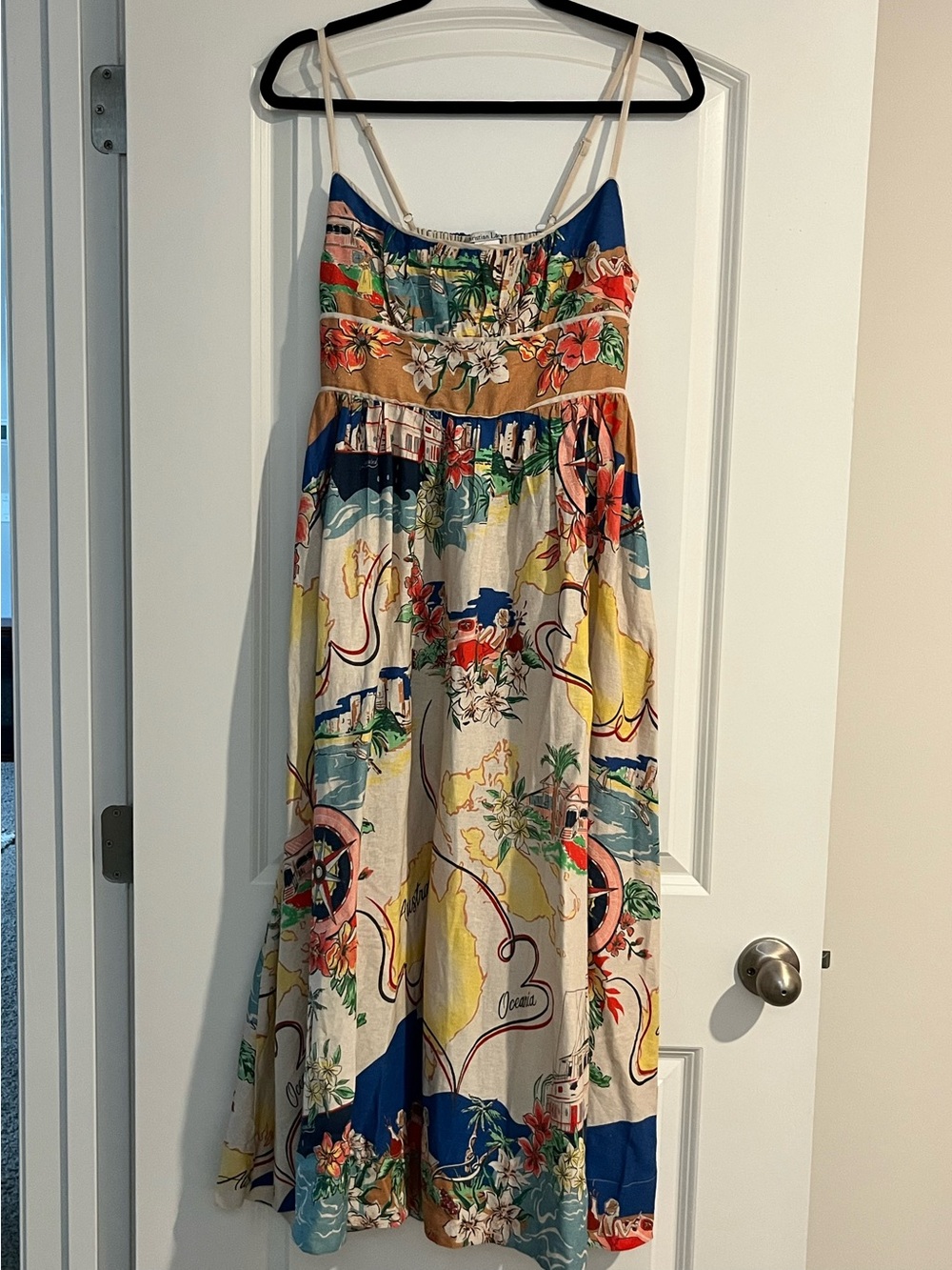 Cristian Lacroix Nautical Map Linen Blend Alight Picnic Midi Dress Vacation Sz S